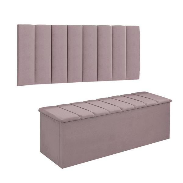 Imagem de Conjunto Painel E Calçadeira Cancun Para Cama Box Queen 160 cm Suede Rosê - DL Decor