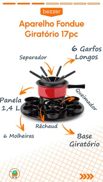 Imagem de Conjunto Panela Fondue Aparelho Giratório 17 pc Lugano Completo Kit Fundi Carrossel c/ Rechaud Receitas Doce e Salgado