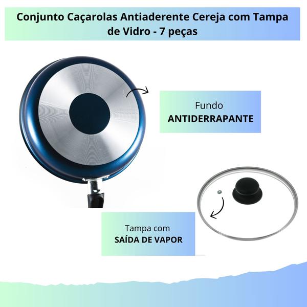 Imagem de Conjunto Panelas 7 pecas Teflon Antiaderente 7 pecas Cor Azul Tampa de Vidro