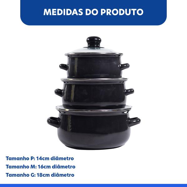 Imagem de Conjunto Panelas Caçarolas com Tampa de Vidro Preto 3 Peças