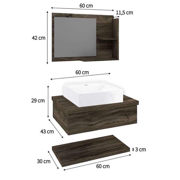 Conjunto para Banheiro Bancada com Cuba Q39 Quadrada, Prateleira e Espelheira City 606 Carvalho Dark - Compace Imagem de Conjunto para Banheiro Bancada com Cuba Q39 Quadrada, Prateleira e Espelheira City 606 Carvalho Dark