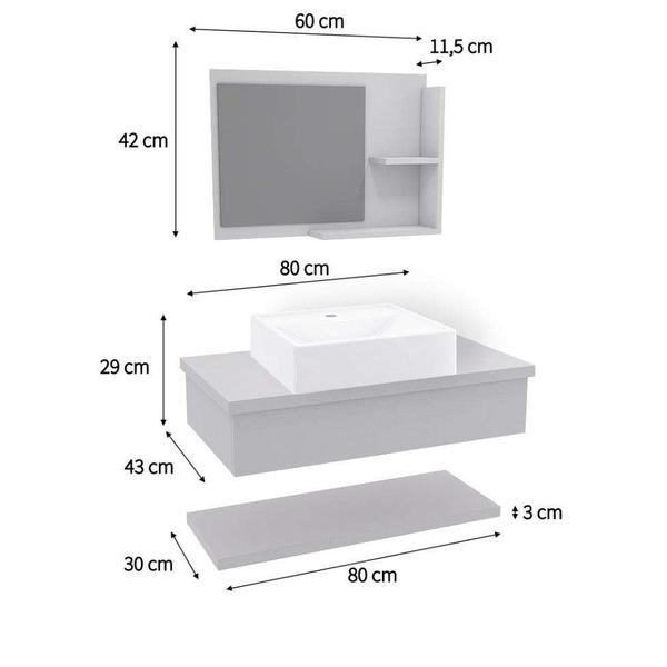 Imagem de Conjunto para Banheiro Bancada com Cuba Q39 Quadrada, Prateleira e Espelheira City 806 Branco Chess