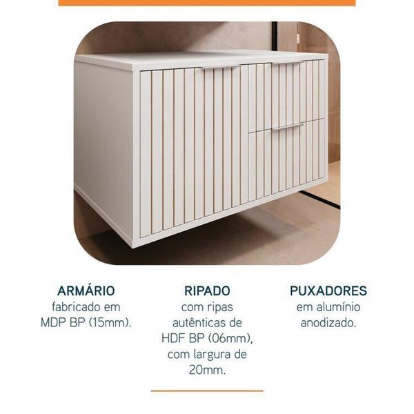 Imagem de Conjunto Para Banheiro Bancada Em Porcelanato Com Cuba Esculpida, Armário e Espelheira Ripy 60cm Branco