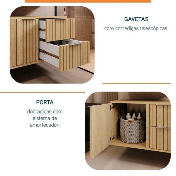 Imagem de Conjunto Para Banheiro Bancada Em Porcelanato Com Cuba Esculpida, Armário e Espelheira Ripy 60cm Wood