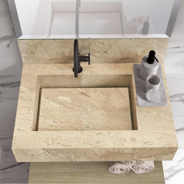 Imagem de Conjunto Para Banheiro Bancada Em Porcelanato Com Cuba Esculpida, Armário e Espelheira Ripy 60cm Wood