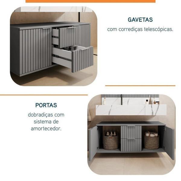 Imagem de Conjunto Para Banheiro Bancada Em Porcelanato Com Cuba Esculpida, Armário e Espelho Ripy 100cm Cinza