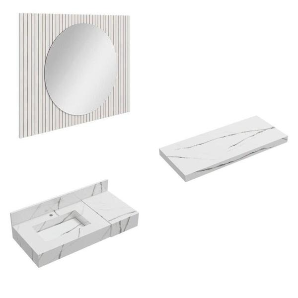 Imagem de Conjunto Para Banheiro Bancada Em Porcelanato Com Cuba Esculpida, Prateleira e Espelho Ripy 100cm Branco