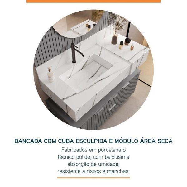 Imagem de Conjunto Para Banheiro Bancada Em Porcelanato Com Cuba Esculpida, Prateleira e Espelho Ripy 100cm Branco