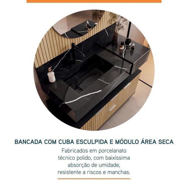 Imagem de Conjunto Para Banheiro Bancada Em Porcelanato Com Cuba Esculpida, Prateleira e Espelho Ripy 100cm Preto/Wood