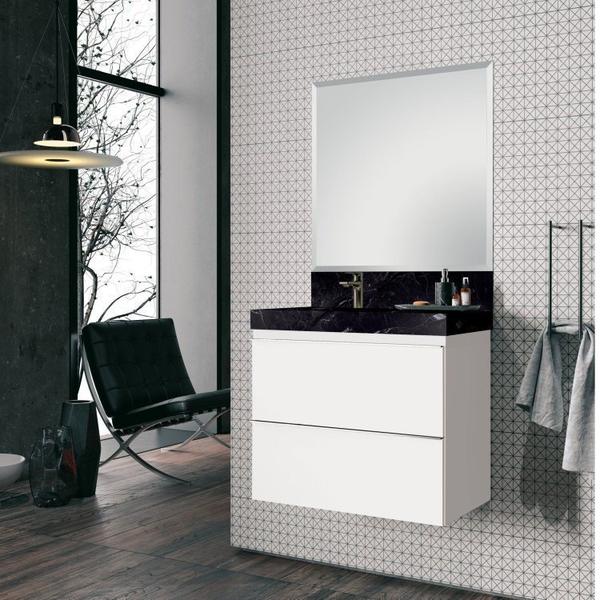 Conjunto para Banheiro com Espelho, Gabinete e Lavatório em Porcelanato com Cuba Embutida 80cm - Bumi Imagem de Conjunto para Banheiro com Espelho, Gabinete e Lavatório em Porcelanato com Cuba Embutida 80cm