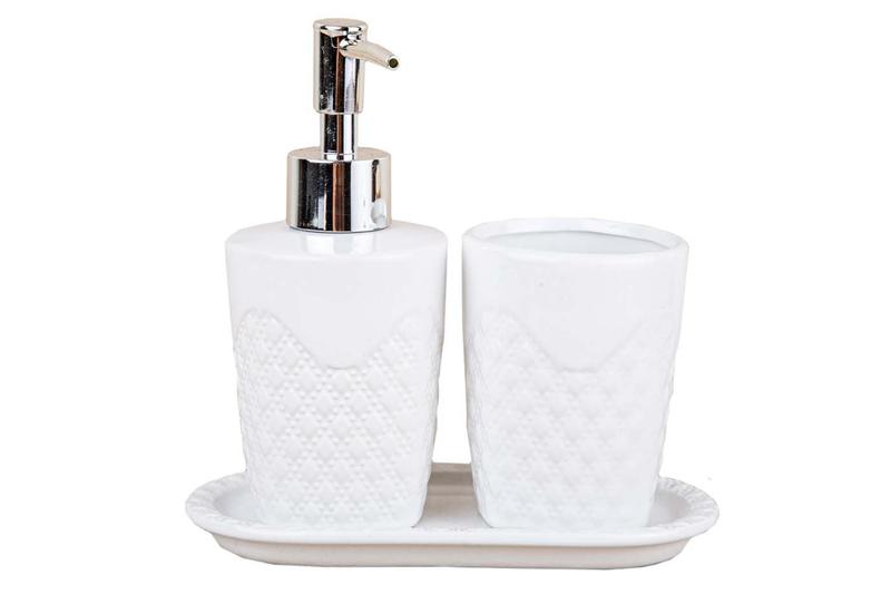 Imagem de  Conjunto para Banheiro em Cerâmica Kit 3 peças Porta Sabonete/Escova com Bandeja