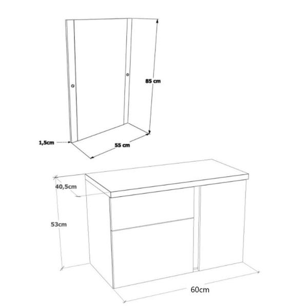 Imagem de Conjunto para Banheiro Gabinete 60cm 1 Porta 2 Gavetas Castellon com Cuba e Espelheira Darabas Agard