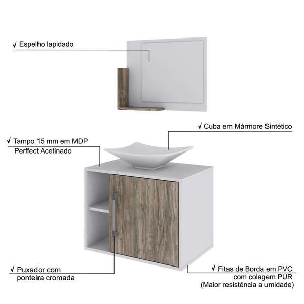 Imagem de Conjunto para Banheiro Gabinete com Cuba Folha L38 e Espelheira Soft 600   Branco com Carvalho Dark