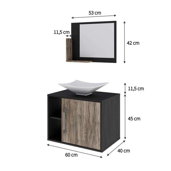 Imagem de Conjunto para Banheiro Gabinete com Cuba Folha L38 e Espelheira Soft 600  Preto Ônix com Carvalho Dark