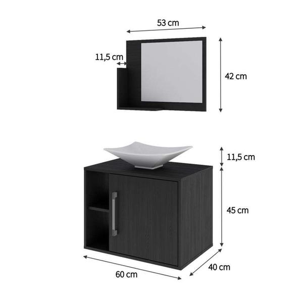 Imagem de Conjunto para Banheiro Gabinete com Cuba Folha L38 e Espelheira Soft 600  Preto Ônix