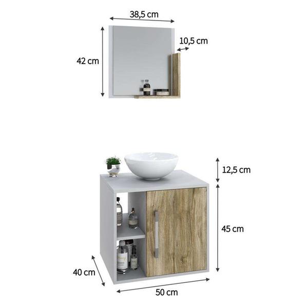 Imagem de Conjunto para Banheiro Gabinete com Cuba Redonda R30 e Espelheira Soft 500  Branco com Carvalho