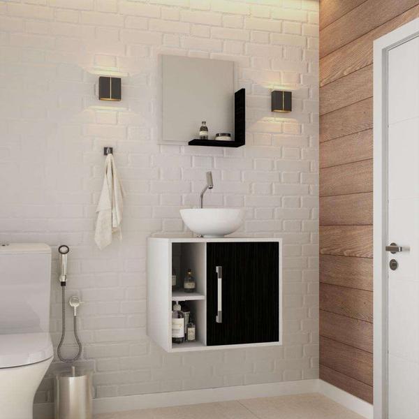 Imagem de Conjunto para Banheiro Gabinete com Cuba Redonda R30 e Espelheira Soft 500  Branco com Preto Ônix