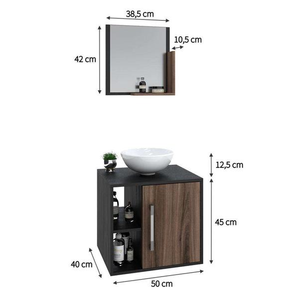 Imagem de Conjunto para Banheiro Gabinete com Cuba Redonda R30 e Espelheira Soft 500  Preto Ônix com Nogal