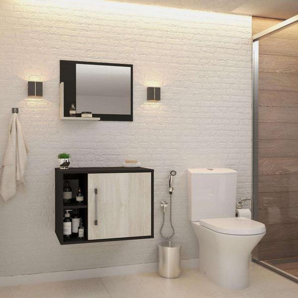 Imagem de Conjunto para Banheiro Gabinete e Espelheira Soft 600 Preto Ônix e Snow