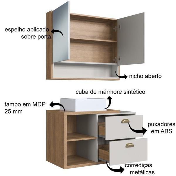 Imagem de Conjunto para Banheiro Gabinete Suspenso 80cm 2 Gavetas com Cuba e Espelheira 2 Portas Helena Mel/Arenas