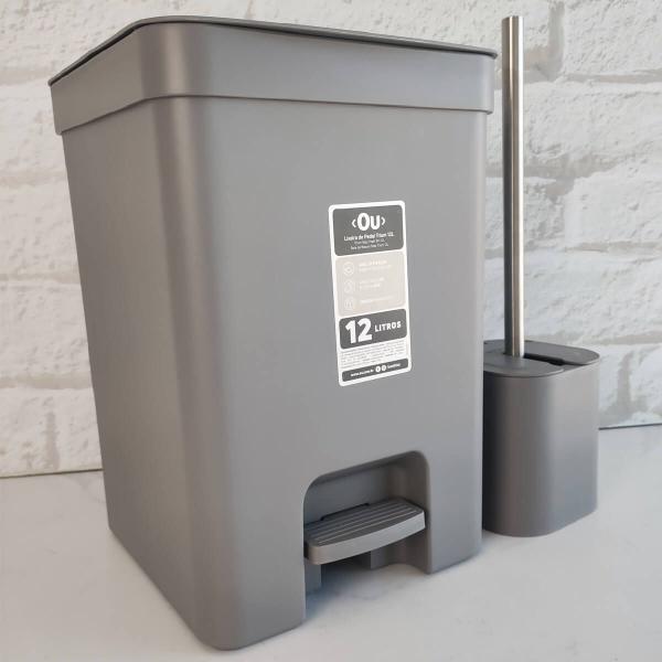 Imagem de Conjunto para Banheiro Lixeira de Pedal 12L Trium e Escova Sanitária com Suporte Dual Chumbo OU