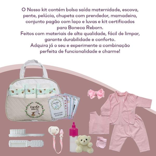 Imagem de Conjunto para Bebê Reborn com Pentinho, Escova e Bolsa Maternidade Bege com Chupeta