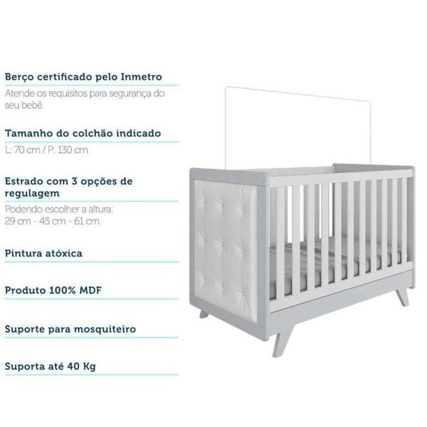 Imagem de Conjunto para Quarto de Bebê com Cômoda 1 Porta 4 Gavetas e Berço com Capitone Retrô Móveis Peroba Branco Brilho/Cinza/material sintético Branco