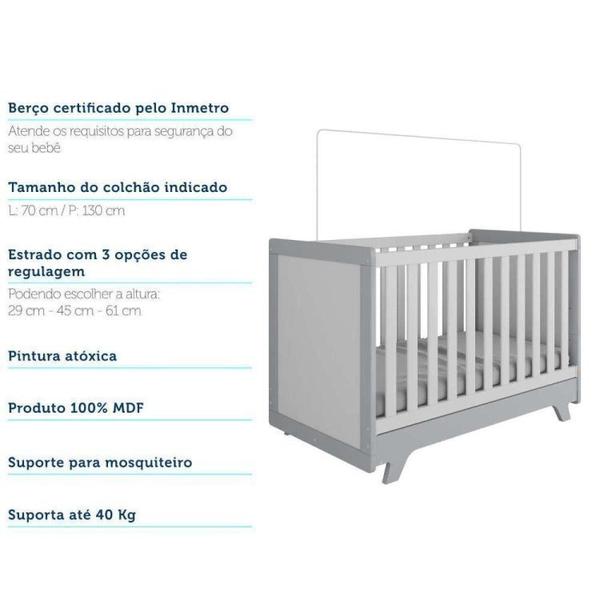 Imagem de Conjunto para Quarto de Bebê com Cômoda 1 Porta com Janela em Acrílico e Berço Retrô Móveis Peroba Branco Brilho/Cinza