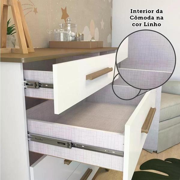 Imagem de Conjunto para Quarto de Bebê com Cômoda de Bebê Berço com Capitone e Prateleira Retrô Móveis Peroba Branco Brilho/Carvalho/Pena Areia