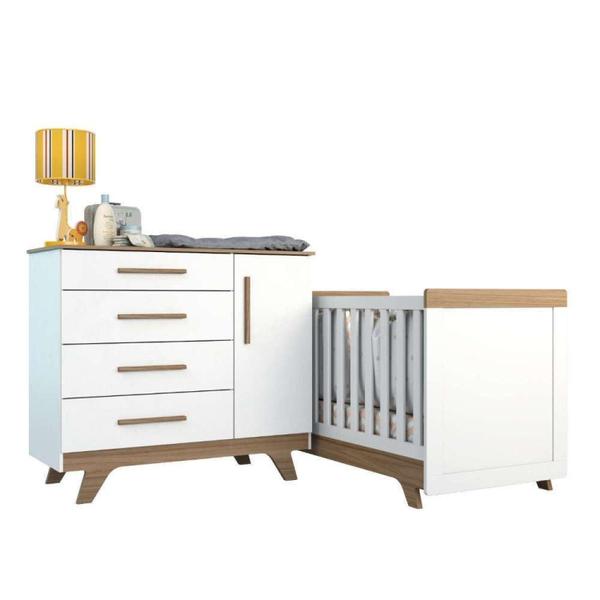 Imagem de Conjunto Para Quarto de Bebê com Cômoda e Berço 100% MDF Kakau Retrô Espresso Móveis Branco/Carvalho