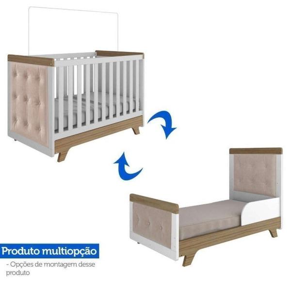 Conjunto para Quarto de Bebê com Cômoda e Berço com Capitone Retrô Móveis Peroba Branco Brilho/Carvalho/Pena Areia Imagem de Conjunto para Quarto de Bebê com Cômoda e Berço com Capitone Retrô Móveis Peroba Branco Brilho/Carvalho/Pena Areia