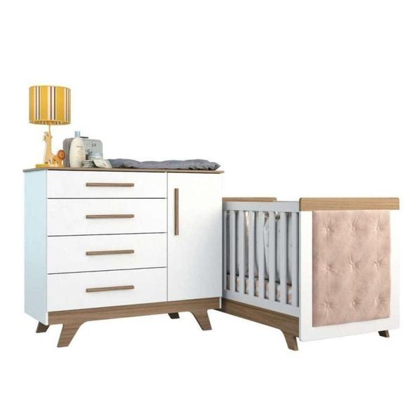 Conjunto para Quarto de Bebê com Cômoda e Berço com Capitone Retrô Móveis Peroba Branco Brilho/Carvalho/Pena Areia Imagem de Conjunto para Quarto de Bebê com Cômoda e Berço com Capitone Retrô Móveis Peroba Branco Brilho/Carvalho/Pena Areia