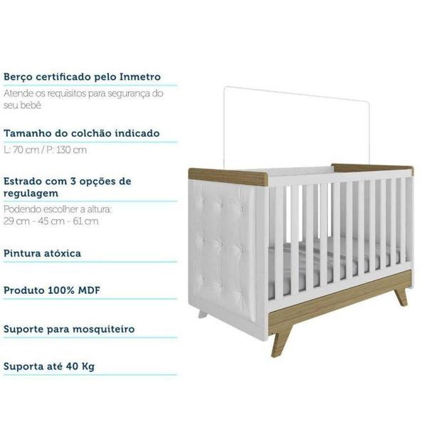 Imagem de Conjunto para Quarto de Bebê com Guarda Roupa 4 Portas e Berço com Capitone Retrô Móveis Peroba Branco Brilho/Carvalho/material sintético Branco