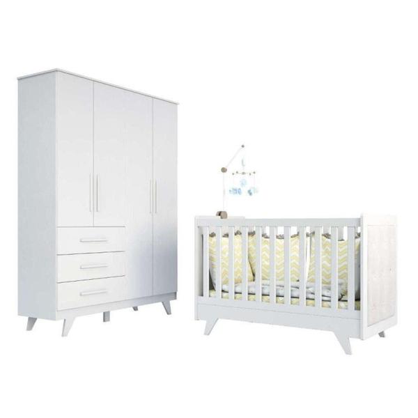 Imagem de Conjunto para Quarto de Bebê com Guarda Roupa e Berço com Capitone Retrô Móveis Peroba Branco Brilho/material sintético Branco