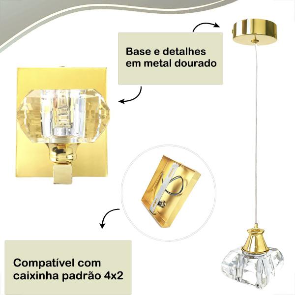 Imagem de Conjunto Pendente Arandela De Cristal K9 Dourado + Led