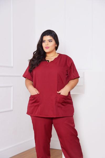 Imagem de Conjunto Pijama Scrub Plus Size  Cirúrgico Hospitalar Unissex Gabardine Marsala Rose Carcelin, Tecido não amassa PH - S