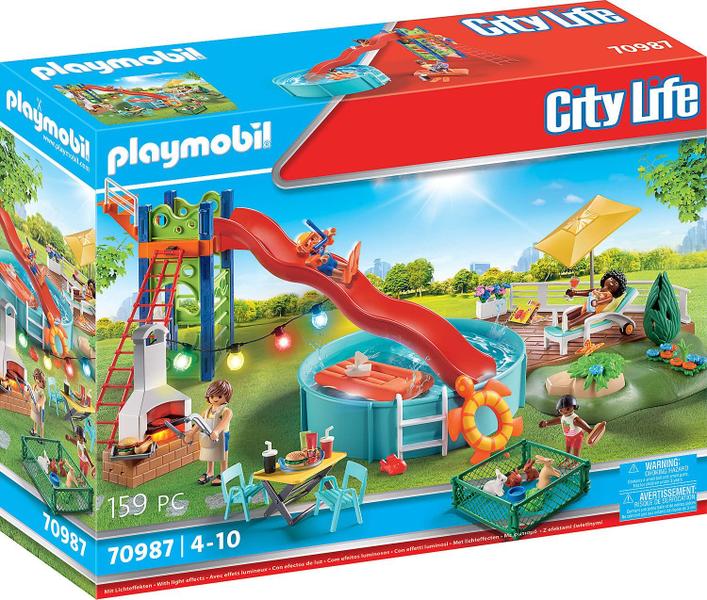 Imagem de Conjunto Playmobil Pool Party com piscina, escorregador, espreguiçadeira e muito mais