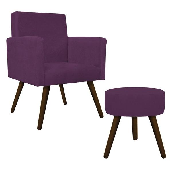 Imagem de Conjunto Poltrona Decorativa Arenzza e Puff Sofia Palito Tabaco Suede Roxo - DAMAFFÊ MÓVEIS