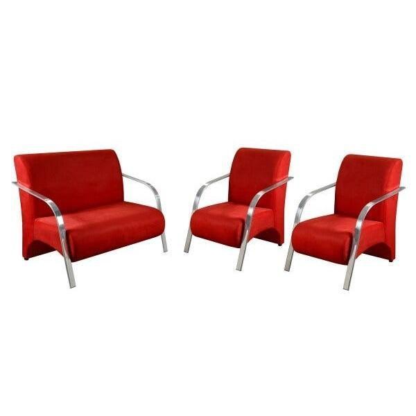 Imagem de Conjunto Poltrona Decorativa Sevilha Braço Alumínio kit 3 peças Confortável Sala Suede Vermelho