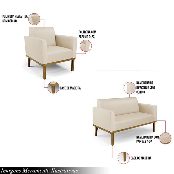 Imagem de Conjunto Poltrona e Namoradeira Decorativa Isabella Pés Fixo em Madeira Castanho PU Bege G19 - Gran Belo