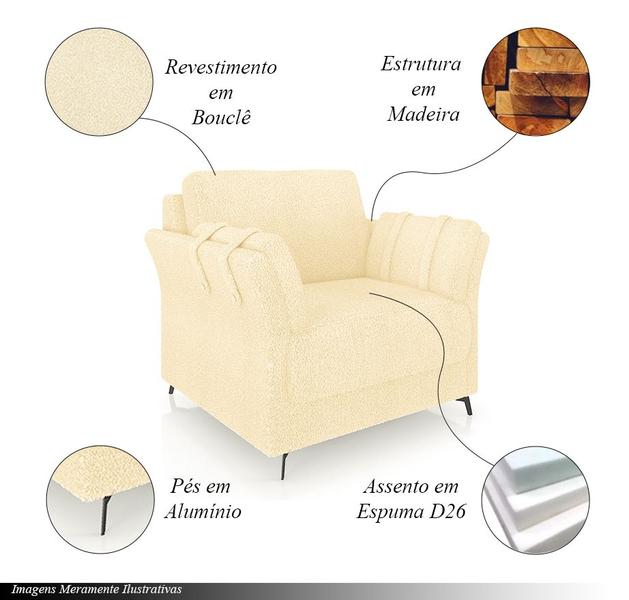 Imagem de Conjunto Poltrona e Sofá Decorativo Violet 2 Lugares 164cm Pés em Alumínio Preto Bouclê Bege G45 - Gran Belo