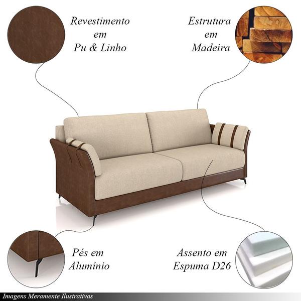 Imagem de Conjunto Poltrona e Sofá Decorativo Violet 2 Lugares 164cm Pés em Alumínio Preto Linho Bege Claro/Marrom G45 - Gran Belo