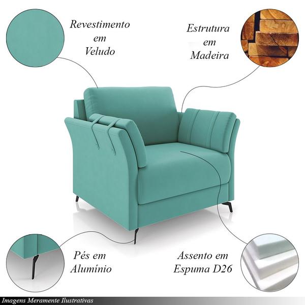 Imagem de Conjunto Poltrona e Sofá Decorativo Violet 3 Lugares 223cm Pés em Alumínio Preto Veludo Azul Turqueza G45 - Gran Belo