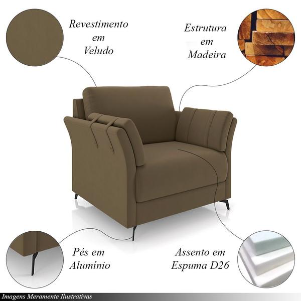 Imagem de Conjunto Poltrona e Sofá Decorativo Violet 3 Lugares 223cm Pés em Alumínio Preto Veludo Marrom G45 - Gran Belo