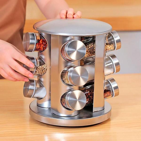 Conjunto Porta Temperos Giratório Vidro Tampa Inox Ideal - Higa Imagem de Conjunto Porta Temperos Giratório Vidro Tampa Inox Ideal