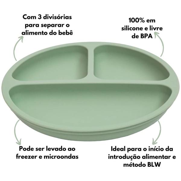 Imagem de Conjunto Pratinho Bowl C/ Ventosa Colher E Garfo Em Silicone E Inox Verde Buba