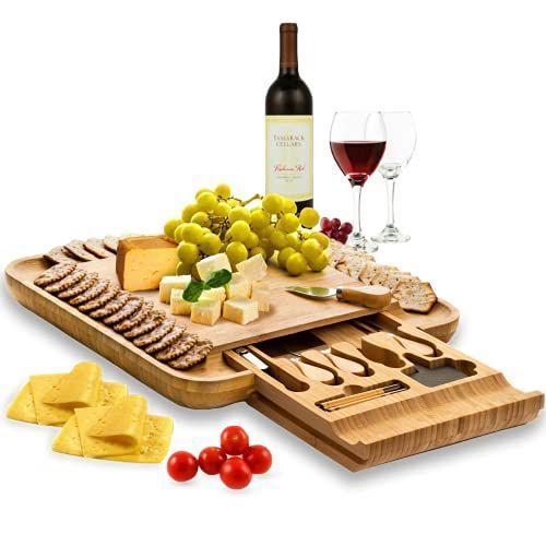 Imagem de Conjunto premium de queijo de bambu - Grandes Tábuas de Charcuterie & Cheese Board e Conjunto de Facas - Prato de Queijo de Carne de Vinho de Cozinha - Presente exclusivo do Dia das Mães, Presente de Inauguração, Aniversário ou Presente de Casamento