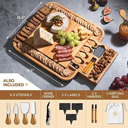 Imagem de Conjunto premium de queijo de bambu - Grandes Tábuas de Charcuterie & Cheese Board e Conjunto de Facas - Prato de Queijo de Carne de Vinho de Cozinha - Presente exclusivo do Dia das Mães, Presente de Inauguração, Aniversário ou Presente de Casamento