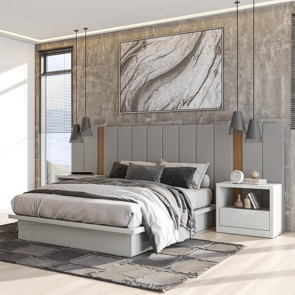 Imagem de Conjunto Quarto Base Cama com Cabeceira Estofada King em MDF Off White Dalla Costa