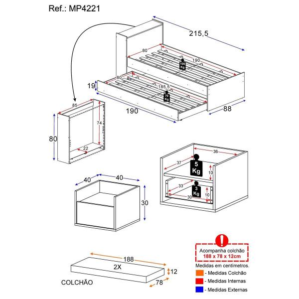 Imagem de Conjunto Quarto Bicama com Colchão e Baú/Mesa de Cabeceira Suspensa Multimóveis MP4221